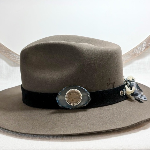 Black Italian Suede, Agate Crystal Hat Band with rhinestone buffalo coin - Picture 8 of 9
